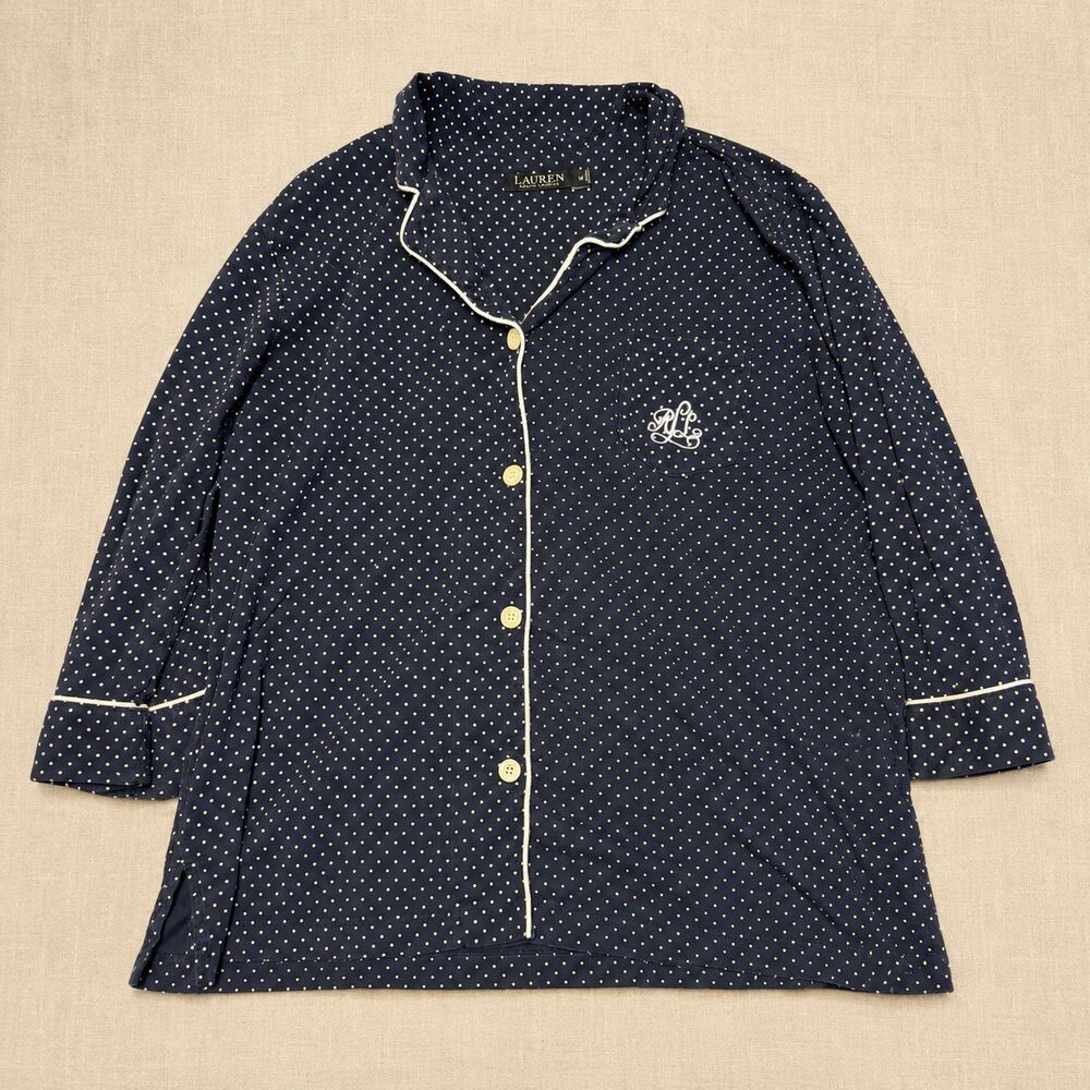 Lauren Ralph Lauren Pajama Top Women XL Navy Polka Dot Cotton Button Sleep Shirt